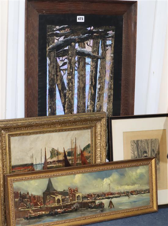 W.H. 1894, oil on canvas, Fishing boats in harbour, 29 x 34cm, a Continental oil harbour scene and 2 other pictures